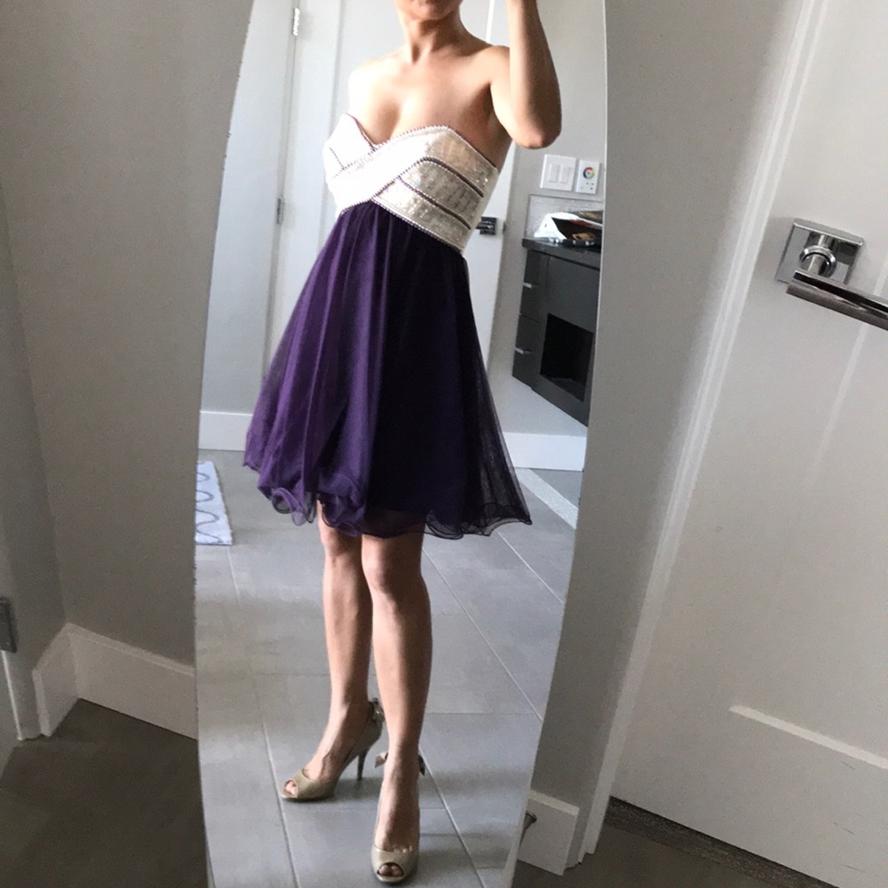 NWT BLONDIE NITES CREAM & PURPLE STRAPLESS DRESS 1